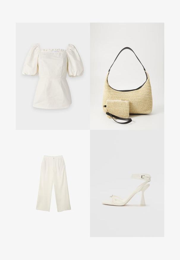 Valkoinen puuvillapaita, jossa on lyhyet puffihihat, neliönmuotoinen pääntie ja röyhelöreunat. Muotoiltu yläosa, jossa on peplum-tyylinen helma.; Kermanhousut vaaleassa kankaassa, jossa on sileä rakenne, yksittäinen etunappi, hienovaraiset laskokset ja korkea vyötärömuotoilu.; Valkoinen nahkainen strappisaapas, jossa on virtaviivainen muotoilu, läpinäkyvä lohko-osa ja koristeellinen elementti varpaassa.; Kudottu olkikassi kaarevalla siluetilla, jossa on sileä musta nahkaremmi ja siihen kiinnitetty yhteensopiva pieni pussukka rannekahvalla.