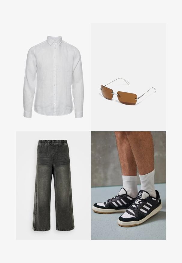 Camisa de lino blanca de manga larga con cuello abotonado, cierre frontal con botones y un acabado texturizado sutil. Sin patrones ni acentos visibles.; Pantalones de mezclilla negro lavado con cinturilla elástica y piernas anchas, con sutiles detalles de costura vertical en los lados.; Zapatillas en blanco y negro con parte superior de ante y cuero, que presentan tres franjas blancas, una puntera perforada y una suela de goma.; Gafas de sol rectangulares marrones con delgados marcos de alambre plateado y soportes para el puente de la nariz. Las lentes son planas y ligeramente tintadas.