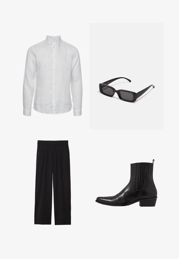 Bela lanena srajca z dolgimi rokavi, s ovratnikom na gumb, sprednjim zapiranjem na gumbe in subtilno teksturno površino. Brez vidnih vzorcev ali poudarkov.; Črne široke hlače z nabranim sprednjim delom, stranskimi žepi in gladko teksturo tkanine. Oblikovane za sproščen kroj.; Črne usnjene gležnjarje s koničastim nosom, elastičnimi stranskimi paneli, navpičnimi šivi in nizko blokasto peto.; Črne pravokotne sončna očala z temnimi lečami, sijajna površina, široka ročaja in masiven okvir. Vgravirano ime blagovne znamke na eni ročaji.