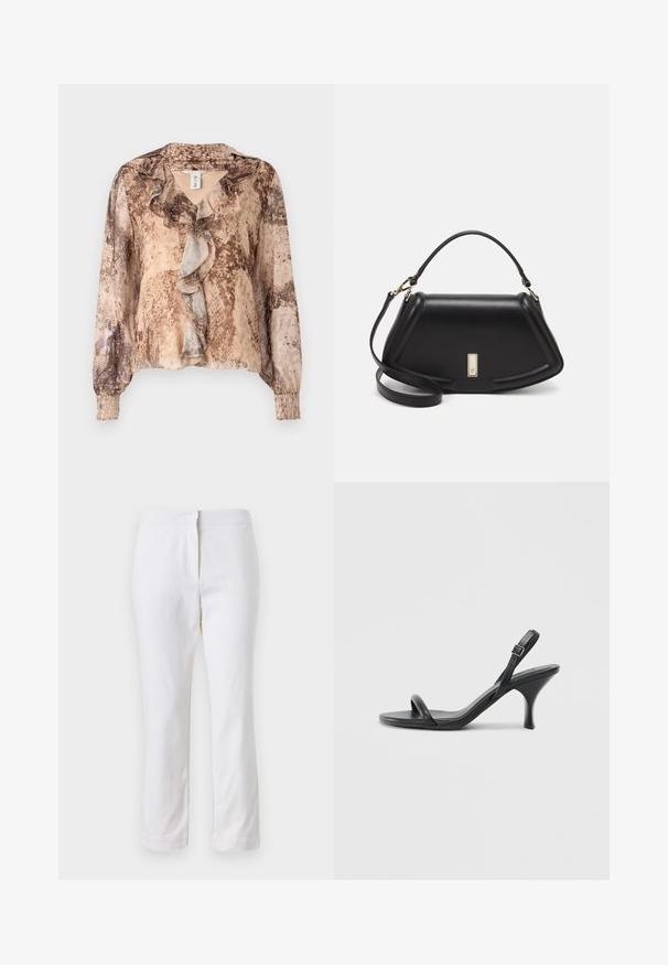 Long-sleeve blouse with a snakeskin pattern in shades of beige and brown, featuring a ruffled front and gathered sleeves. Soft, lightweight fabric.; White cotton pants with a straight leg design, featuring a mid-rise waist and no visible hardware or patterns. Smooth texture throughout.; Black leather high-heeled sandals with a slim, curved heel and a crossed strap design. Adjustable ankle strap. Smooth texture.; Black leather handbag with a structured design, featuring a cropped shape, top handle, and gold hardware accent. Adjustable shoulder strap included.