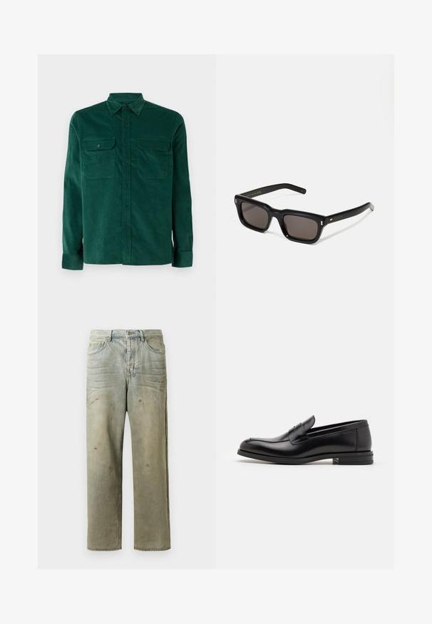 Michael Kors CLASSIC MICRO - Shirt - dark emerald; Distressed denim jeans in light green, featuring a straight leg, five-pocket design, and uneven fading with paint splatters.; Black leather loafers with a smooth texture, rounded toe, and a decorative strap across the vamp. Low stacked heel, minimalist design.; Black rectangular sunglasses with dark lenses, thick plastic frame, gold accents on temples, and brand logo engraved on the arm.