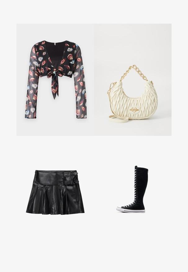 Svart kortärmad genomskinlig topp med långa ärmar, med en framknutning och färgglada snäckmönster i rött, blått och kräm.; Svart läderkjol med veck, bred midjeband och två spänneaccent på sidan. Slät textur med en glansig finish.; Svarta högskaftade sneakers med en hög design, tillverkade av kanvas. Har vita snören, sömmar och en gummisula med en tåskydd.; Vadderad vit handväska i syntetmaterial, med ett guldkedjehandtag och logoplack, i en böjd form och med strukturerad yta.