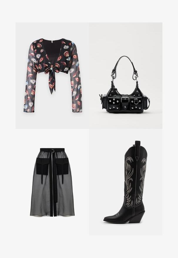 Schwarzes, kurzes, durchscheinendes Oberteil mit langen Ärmeln, das eine vordere Schnürung und farbenfrohe Muschel-Muster in Rot, Blau und Creme aufweist.; Schwarzer transparenter Rock mit einem gerafften Taillenbund, der zwei große Fronttaschen, einen Taillenkordel und ein kreisförmiges Metallakzent aufweist.; Schwarze Leder-Cowboy-Stiefel mit spitzen Zehen, Keilabsätzen und silbernen, gestickten Blumenmustern entlang des Schafts. Kontrastnähte über das gesamte Design.; Schwarze Lederhandtasche mit einem geschwungenen Design, verziert mit silbernen Nieten, einer Schnalle und zwei seitlichen Taschen. Verstellbarer Träger für verschiedene Tragemöglichkeiten.