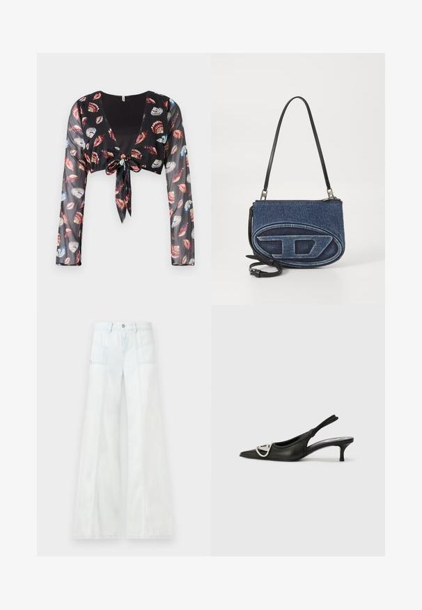 Mustat lyhyet läpikuultavat paidat pitkillä hihoilla, joissa on edessä solmittava sulku ja värikkäät simpukkakuviot punaisena, sinisenä ja kermana.; Vaaleansiniset leveät farkuhousut, joissa on etupocketit ja vyölenkit, esiteltynä yksinkertaisen taustan edessä.; Musta nahkainen slingback-kengät, joissa on teräväkärkinen muotoilu, hopeinen logo-yksityiskohta ja pieni korko. Silkkinen pinta ja minimalistinen muotoilu.; Denim-mallinen olkalaukku, jossa on musta nahkahihna, etupuolella ovale logo -kuvio ja vetoketjukiinnitys ylhäällä. Rakeinen pinta.
