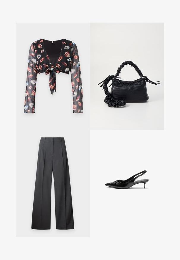 Haut transparent noir cropped avec des manches longues, présentant une fermeture à nouer à l'avant et des motifs de coquillages colorés en rouge, bleu et crème.; Pantalons à jambes larges en tissu gris foncé, avec une taille haute, des plis simples et une texture lisse avec une finition soignée aux ourlets.; Des escarpins en cuir noir à talon slingback, avec un bout pointu, un petit talon kitten et un détail de nœud décoratif à l'avant. Texture lisse sur toute la surface.; Sac à main en simili cuir noir avec une texture crocodile, un dessus resserré et une sangle froncée. A l'apparence douce et compacte.