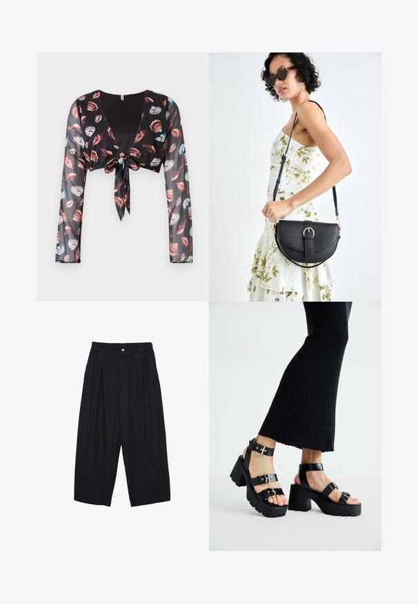 Schwarzes, kurzes, durchscheinendes Oberteil mit langen Ärmeln, das eine vordere Schnürung und farbenfrohe Muschel-Muster in Rot, Blau und Creme aufweist.; Schwarze Polyester-Culotte mit einem elastischen Bund, zwei vorderen Falten und einer lockeren Silhouette. Keine sichtbaren Muster oder Hardware-Details.; Schwarze Plattform-Sandalen mit robusten, profilierten Sohlen und mehreren Riemen, ausgestattet mit metallischen Schnallen und einer glatten, lederähnlichen Textur.; Schwarze Lederhandtasche mit geschwungener Form, abnehmbarem Tragegurt und goldenen Beschlägen. Die Tasche verfügt über einen Deckel mit einer Schnallen-Details.