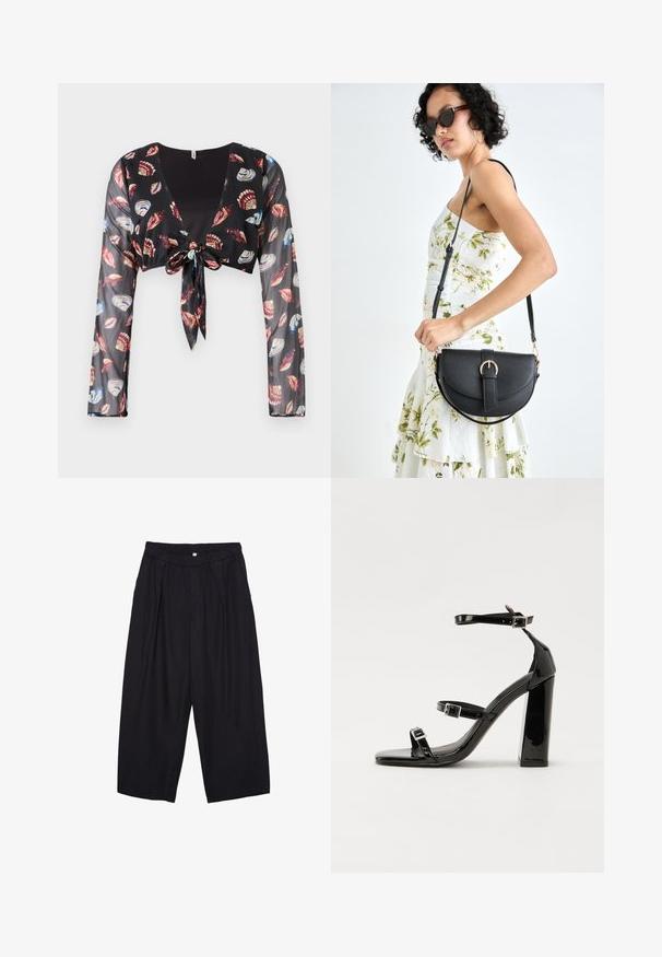 Black cropped sheer top with long sleeves, featuring a front tie closure and colorful shell patterns in red, blue, and cream.; Black polyester culotte pants with an elastic waistband, two front pleats, and a loose silhouette. No visible patterns or hardware details.; Black patent heeled sandals with a square toe, ankle straps, and silver buckles. Features a chunky block heel for stability.; Black leather handbag with a curved shape, detachable strap, and gold hardware. The bag features a flap with a buckle detail.