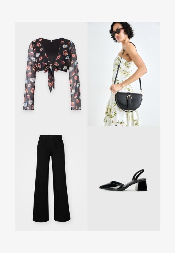 Fekete, rövidített, áttetsző felső hosszú ujjal, elöl megkötős záródással, piros, kék és krémszínű kagylómintákkal díszítve.; Fekete, bő szárú farmernadrág, amelynek állítható derékrésze van, övhurkokkal és elülső zsebekkel. Simaság jellemzi, klasszikus dizájnnal.; Fekete lakk bőr szandálkés magas sarkú cipő, hegyes orral és geometrikus tömbsarkakkal. Karcsú, minimalista dizájn és sima textúra jellemzi.; Fekete bőrtáska ívelt formával, levehető pánttal és arany színű fémrészekkel. A táskán egy csattal díszített fedél található.
