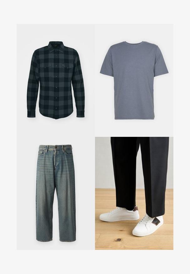 Camisa de flanela em xadrez preto e cinza com frente abotoada, dois bolsos no peito e barra arredondada; textura suave e mangas longas.; T-shirt cinza de manga curta com gola redonda, feita de um tecido suave em mistura de algodão. Design simples, sem padrões ou detalhes.; Jeans de ganga azul claro com um corte solto, cintura média e pernas retas. Apresenta cinco bolsos, passadores de cinto e fecho com botão.; Ténis brancos com textura suave, apresentando elementos em pele castanha e detalhes em preto, combinados com calças pretas ajustadas. Fundo de chão de madeira.