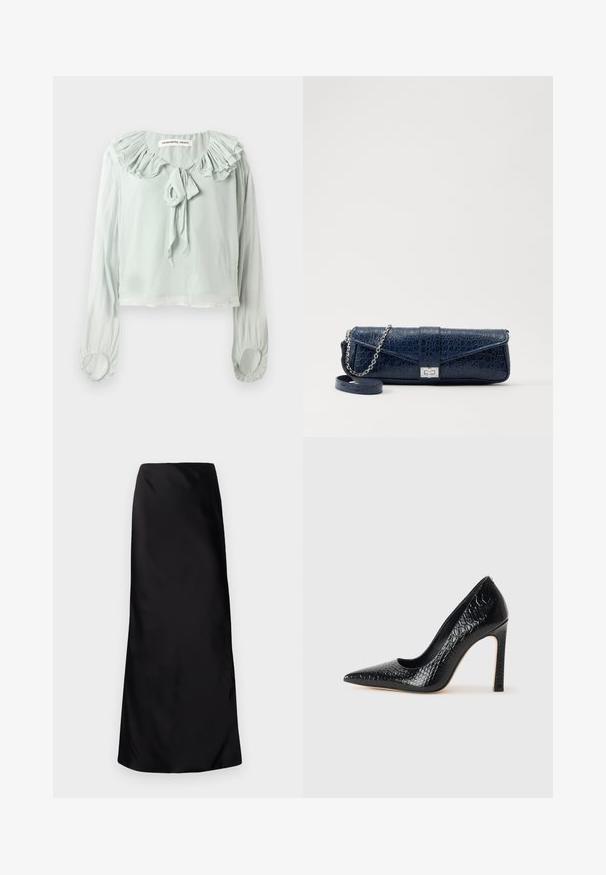 Šviesiai žalia bluzonė su raukšlėtu iškirpimu, surišimo detale ir ilgomis rankovėmis. Pagaminta iš švelnaus, plaukiančio audinio su surinktomis rankogaliais.; Norma Kamali BIAS OBIE SKIRT - Maksi sijonas - black; Juoda smailiakulnė aukšto kulno bateliai su krokodilo odos tekstūra, pasižymintys elegantišku dizainu, aukštu stiletu kulnu ir lygia juoda vidine dalimi.; Tamsiai mėlynas odinis rankinukas su krokodilo raštu, sidabro spalvos grandinėlė ir metalinis užsegimas. Stačiakampio formos, užlenkiamas dizainas.