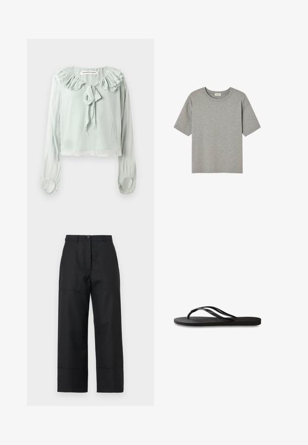 Hellgrüne Bluse mit einem Rüschenausschnitt, Bindungsdetail und langen Ärmeln. Aus weichem, fließendem Stoff mit gerafften Bündchen gefertigt.; Graues Kurzarm-T-Shirt aus weicher Baumwolle mit Rundhals und lockerer Passform, ohne auffällige Muster oder Akzente.; Schwarze weit geschnittene Hosen aus glattem Stoff. Verfügt über einen Knopfverschluss, Fronttaschen und klare Linien. Der Saum ist leicht ausgestellt.; Schwarze Flip-Flops mit einer strukturierten Gummisohle, zwei schlanken Riemen und einem dezenten, geprägten Logo-Detail auf dem Riemen.