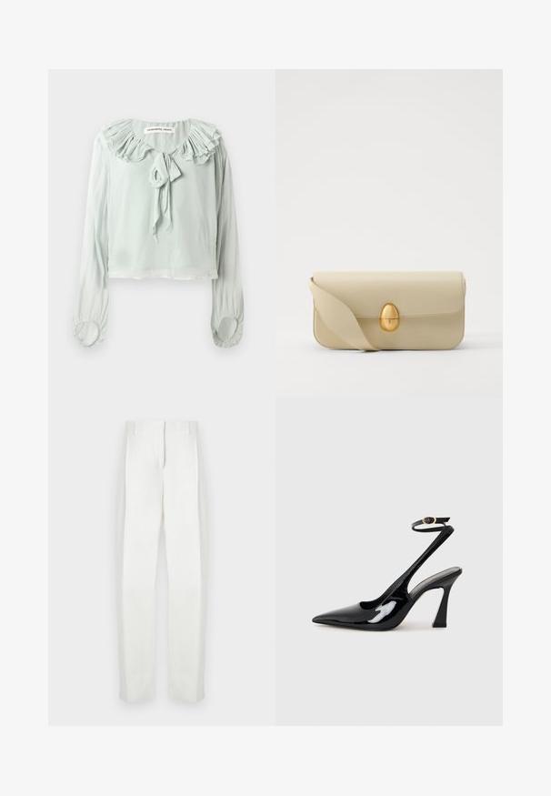 Hele roheline pluus volangkaeluse, paeladetailide ja pikkade varrukatega. Valmistatud pehmest, voolavast kangast, millel on koondatud varrukad.; Paul Smith Püksid - white; Mustad läikivad patendiga slingback-kõrged kontsad, millel on terav põlv ja reguleeritav pahkluu rihm, ning mõõdukas plokknukk. Sile tekstuur läikiva viimistlusega.; Beež nahast käekott, millel on sile tekstuur, ristküliku kujuline ja kuldne ovaalne lukustus. Omab pikka, reguleeritavat rihma.