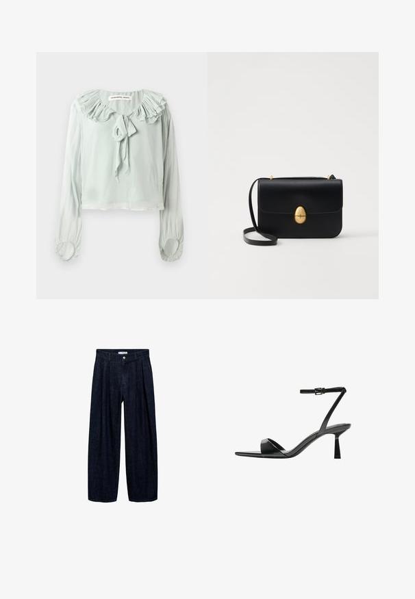 Svetlozelená blúzka s volánikmi na výstrihu, detailom na viazanie a dlhými rukávmi. Vyrobená z mäkkého, splývavého materiálu s nariasenými manžetami.; Tmavé džínsy s širokými nohavicami a pregibmi v páse, s predným gombíkom a pútkami na opasok. Hladká textúra a celodlhý strih.; Bershka Sandále na vysokom opätku - black; Čierna kožená kabelka so štruktúrovaným obdĺžnikovým tvarom. Obsahuje zlaté oválne zapínanie a tenký ramenný popruh. Hladká textura.