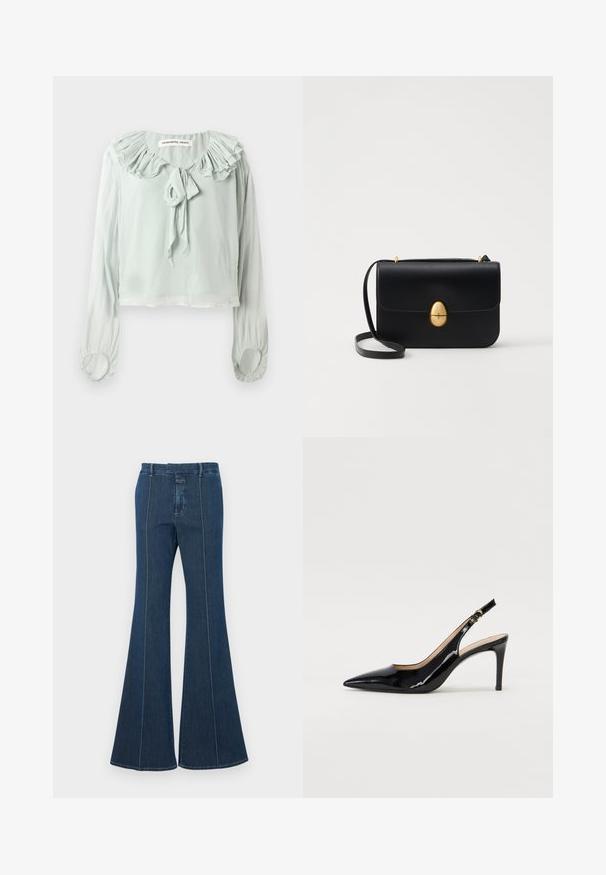 Ljusgrön blus med volangkrage, knytdetalj och långa ärmar. Tillverkad av mjukt, flödande tyg med samlade manschetter.; Jeans med utsvängda ben i mörkblått, med strukturerade sömmar och en ren finish. Har en midjehöjd som är medelhög och breda, svängda ben.; Svart patenterat läder slingback pumps med spetsig tå, smal klack och en subtil utskärning. Har en guldbuckle på remmen.; Svart läderhandväska med en strukturerad rektangulär form. Har ett gyllene ovalt lås och ett tunt axelband. Slät textur.
