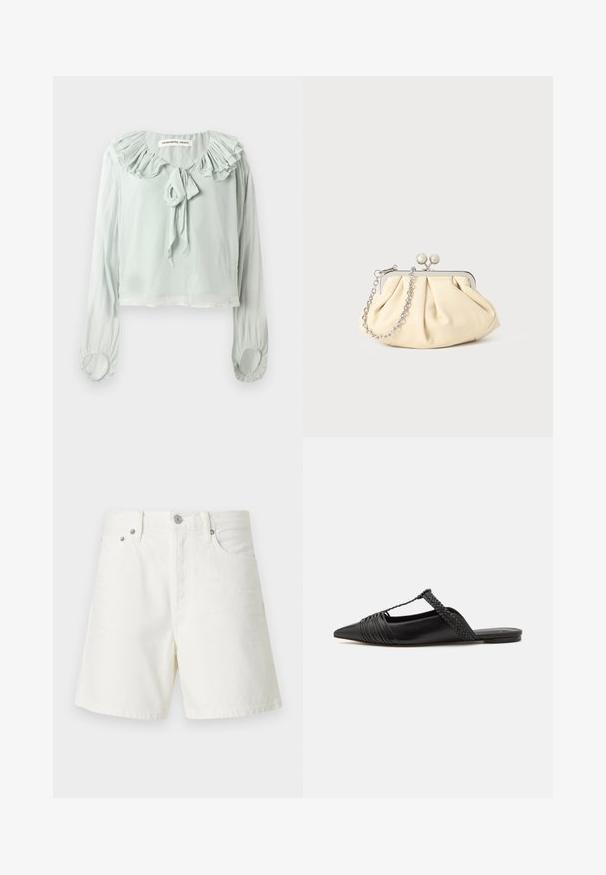 Šviesiai žalia bluzonė su raukšlėtu iškirpimu, surišimo detale ir ilgomis rankovėmis. Pagaminta iš švelnaus, plaukiančio audinio su surinktomis rankogaliais.; Balti džinsai šortai su tiesiu kirpimu, penkių kišenių dizainu, priekiniu mygtukų užsegimu, sidabro spalvos detalėmis ir siuvinėtais akcentais.; Juodos odinės slingback bateliai su smailiu pirštu, turintys audinį akcentą ir raukšlėtą viršutinį dizainą. Lygus padas su minimaliais aksesuarais.; Plyšiniai smėlio spalvos odiniai rankinukai su sidabriniu metaliniu rėmu, turintys du apvalius dekoratyvinius užtrauktukus ir sidabrinę grandinėlę.