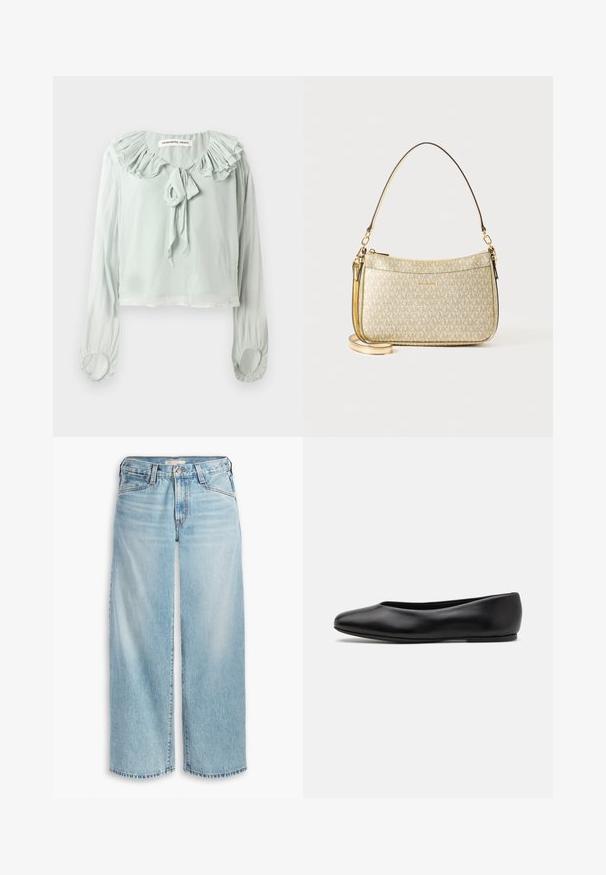 Light green blouse with a ruffled neckline, tie detail, and long sleeves. Made of soft, flowing fabric with gathered cuffs.; Light blue wide-leg jeans made of denim, featuring a high waist, button fly, and frayed hemline. Visible stitching and pockets.; Paul Smith TOPANGA - Ballet pumps - black; Gold-textured handbag with a smooth leather strap, featuring a zip closure and subtle logo pattern printed on the surface.