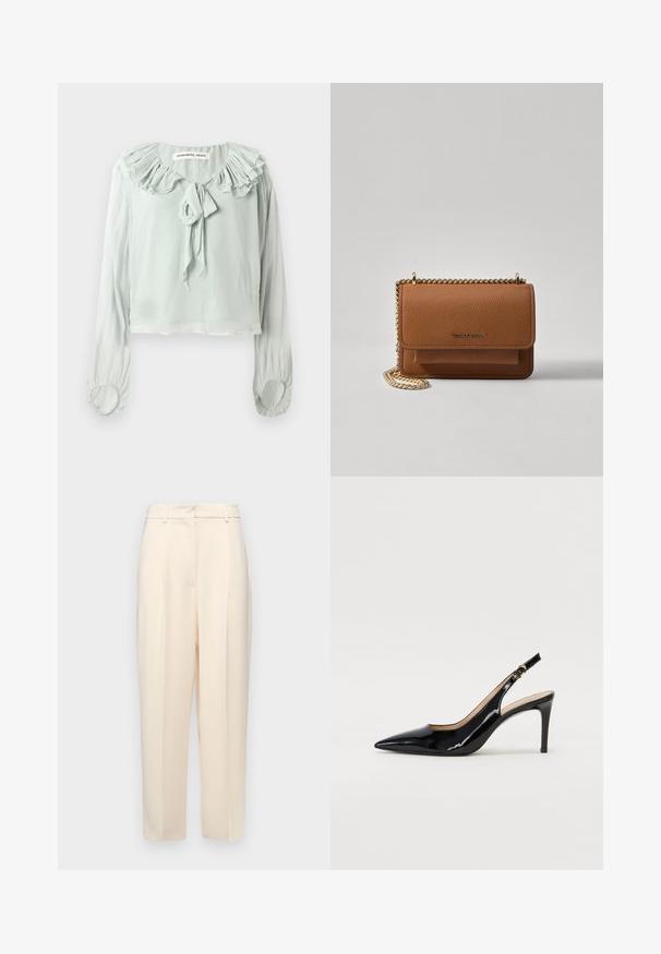 Hele roheline pluus volangkaeluse, paeladetailide ja pikkade varrukatega. Valmistatud pehmest, voolavast kangast, millel on koondatud varrukad.; Beežid kohandatud püksid otse lõikega, ees volditud, siledast tekstuurist ja keskmise kõrgusega vöökoht. Nähtavaid taskuid ei ole.; Must hõbedavärvi patendiga slingback kontsakingad terava varbaga, kitsas konts ja peene lõikega disain. Statistika on kuldne pandla rihmal.; Pruun tekstureeritud nahk ristkeha kott kuldse ahelaga rihmaga ja klapiga sulgemine. Esiküljel on logo detail ja tasku klapi all.