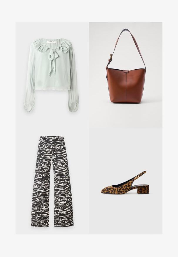 Blusa verde claro con un escote con volantes, detalle de lazo y mangas largas. Confeccionada en una tela suave y fluida con puños fruncidos.; Pantalones de pierna ancha con un patrón de rayas de cebra en negro y crema. Hechos de una tela texturizada con una cinturilla clásica y bolsillos delanteros.; Zapato de mujer estilo slingback con estampado de leopardo, tacón bajo y hebilla dorada en la correa lateral, mostrado en perfil lateral sobre un fondo liso.; Bolso de hombro de cuero marrón con forma curva, textura suave y una única correa delgada. Presenta una costura sutil y un pequeño detalle del logo.