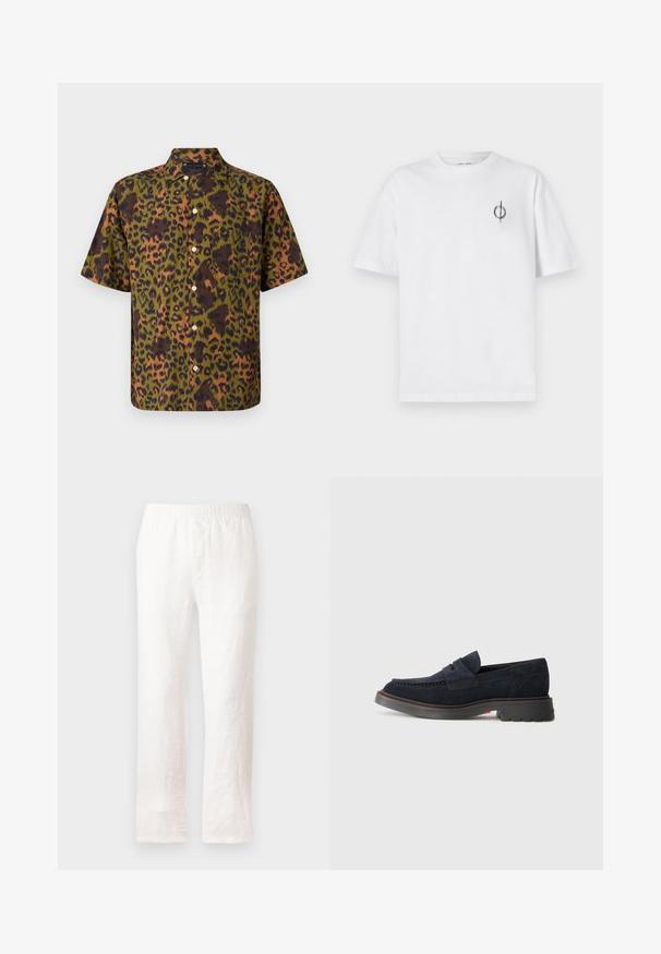 Majica s kratkimi rokavi v leopardjem vzorcu, ki vključuje odtenke zelene, rjave in oranžne barve, z gumbom spredaj in eno žepno prednico.; Bela bombažna majica s sproščenim krojem, ki ima majhen črn grafični logotip na levem prsnem delu. Kratke rokave, okrogel izrez.; Vale bela krila z elastiko v pasu, ravna nogavica in rahlo teksturirana tkanina. Brez vzorcev ali dodatnih podrobnosti.; Mornarsko modri semiš loaferji z zaobljenim nosom, okrasnim šivanjem in gumijastim podplatom, ki ima rahlo dvigovanje. Trajni material in oblikovanje.