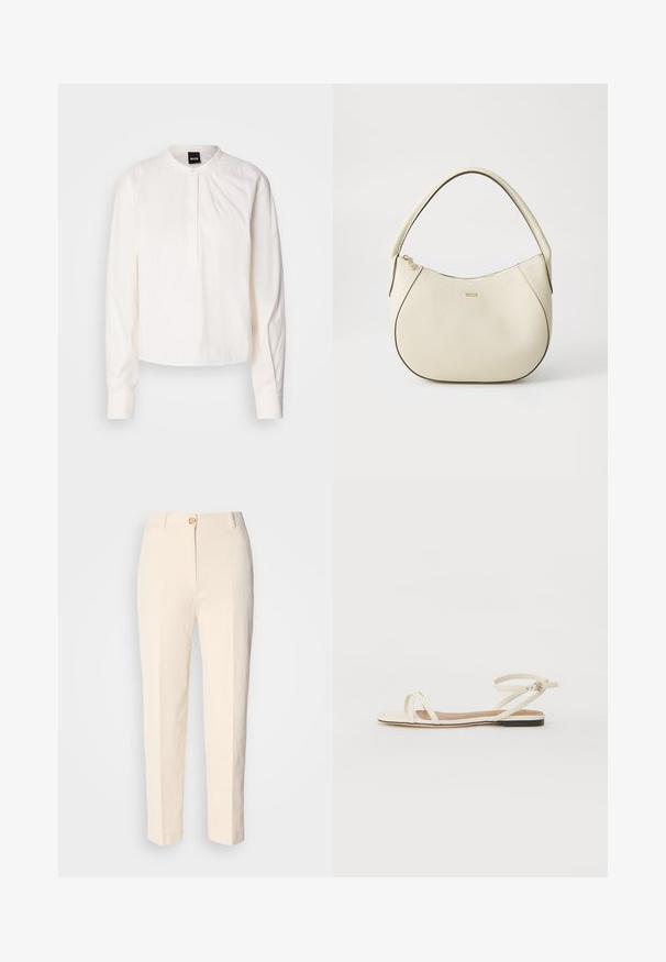 Valge pikakätine pluus ümarate krae ja nööpide ridadega, millel on toimub õhukesed vertikaalsed triibud, esitleb neutraalsel taustal.; Kreemikas värvi kõrge vöökohaga püksid, mis on valmistatud tekstureeritud kangast. Omab esFront nuppude sulgemist ja kitsenevaid jalgu.; Kreemivärvi nahast lamedad sandaalid õhukeste ristiliste rihmadega, pahkluu rihm lukuga, minimalistlik disain ja kontrastne must põhja.; Kreemivärvi käsipott, millel on tekstureeritud viimistlus, kumer kuju, lühike käepide ja kuldse tooniga logo detail. Ülemine lukustus.
