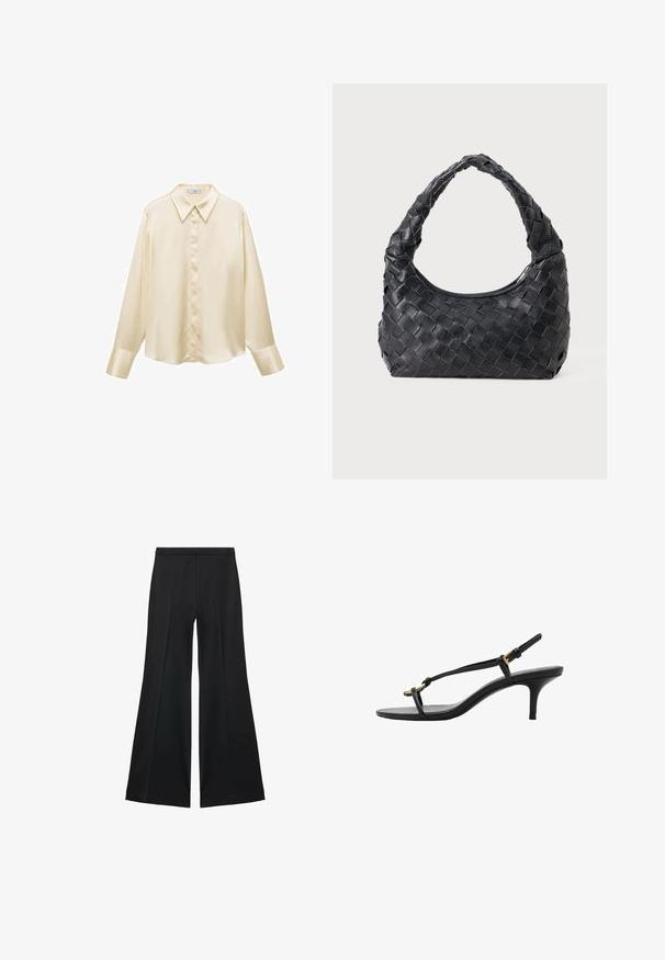 Satin košulja krem boje s klasičnom kragnom, dugim rukavima i prednjim kopčanjem, s glatkom, sjajnom teksturom.; Crne široke hlače s glatkom teksturom, koje imaju prednje nabore i kroj po mjeri. Tkanina je lagana i lepršava.; Crne kožne sandale s kitten heel potpeticama, tankim trakama, zlatnom kopčom i minimalističkom petom za prste, na bijeloj pozadini.; Crna kožna torba za rame s pletenim uzorkom, zaobljenom drškom i oblikom u obliku polumjesece na jednobojnoj pozadini.