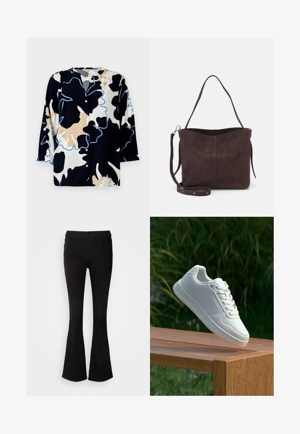 Floral-patterned blouse with a dark navy base, featuring beige and light blue accents, a button front, and three-quarter sleeves.; Black top with solid body and sheer, flared sleeves. Features tie accents at the cuffs. Made from smooth fabric with a fitted design.; Black flared pants made of stretch fabric, featuring a waistband with belt loops and front pockets, smooth texture, and a tailored fit to the knee.; White sneaker with a smooth synthetic upper, perforated toe box, flat laces, and a textured sole, displayed on a wooden surface.; Brown suede tote bag with a soft texture, featuring a single shoulder strap and a subtle curved top opening. No visible hardware details.