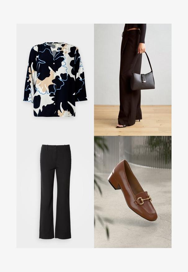 Bluse mit Floral-Muster auf dunkelblauem Grund, mit beigen und hellblauen Akzenten, Knopfleiste und Dreiviertelärmeln.; Schwarze Baumwollmischungshose mit geradem Bein, vorderem Knopfverschluss und zwei Seitentaschen. Glatte Textur, keine sichtbaren Muster.; Braune Lackleder-Loafer mit quadratischer Zehenpartie, metallischem Kettenakzent und niedrigem Blockabsatz; glatte Textur, minimalistisches Design.; Schwarze Handtasche mit strukturierter Form, glatter Textur und einem metallischen Verschluss. Kombiniert mit weiten schwarzen Hosen und offenen Sandalen auf einem Holzboden.