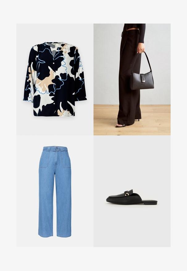 Blusa con motivo floreale su base blu scuro, con accenti beige e azzurri chiari, apertura con bottoni e maniche a tre quarti.; Pantaloni larghi in denim azzurro chiaro con vita con cintura, due tasche anteriori e una texture semplice. Presentano un design minimalista e linee pulite.; Scarpa nera slip-on realizzata in pelle liscia. Presenta una punta arrotondata, una cintura decorativa intrecciata e un piccolo accento dorato. Suola piatta.; Borsa nera con forma strutturata, texture liscia e una chiusura metallica. Abbinata a pantaloni neri larghi e sandali open-toe su un pavimento in legno.