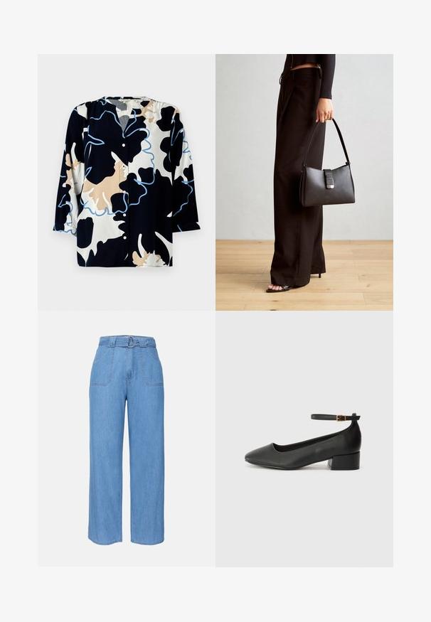 Blusa con estampado floral sobre una base azul marino oscuro, con acentos en beige y azul claro, apertura con botones y mangas tres cuartos.; Pantalones de mezclilla de pierna ancha en azul claro con cintura ajustable, dos bolsillos frontales y una textura lisa. Presenta un diseño minimalista y líneas limpias.; Zapato de tacón negro de cuero con punta afilada y tacón bajo cuadrado. Presenta una correa para el tobillo con una hebilla en tono dorado. Textura suave.; Bolso negro con forma estructurada, textura suave y un cierre metálico. Combinado con pantalones anchos negros y sandalias de dedo en un suelo de madera.