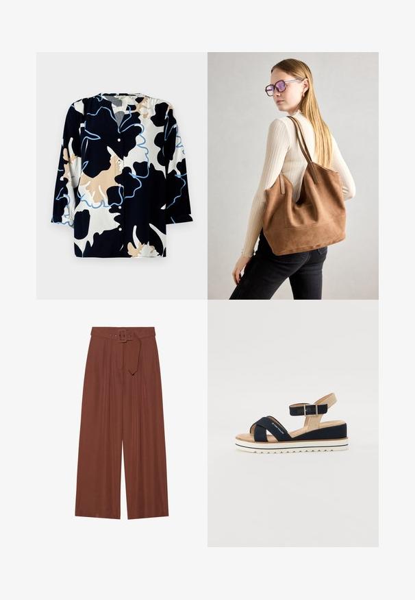 Blus med blommönster i mörk marinblått, med beige och ljusblå accenter, knäppning framtill och trekvartsärmar.; Breda byxor i brunt tyg, med ett bälte med fyrkantig spänne, plisserad design och slät textur.; Marinblå sandal med två tygremmar, justerbar ankelrem och texturerad beige baksida. Tjock, vit, scalloped sula. Märket tryckt på remmen.; Brun mocka toteväska med mjuk textur, stor öppning och långa axelremmar. Har en enkel design med synliga sömmar och ingen hårdvara.