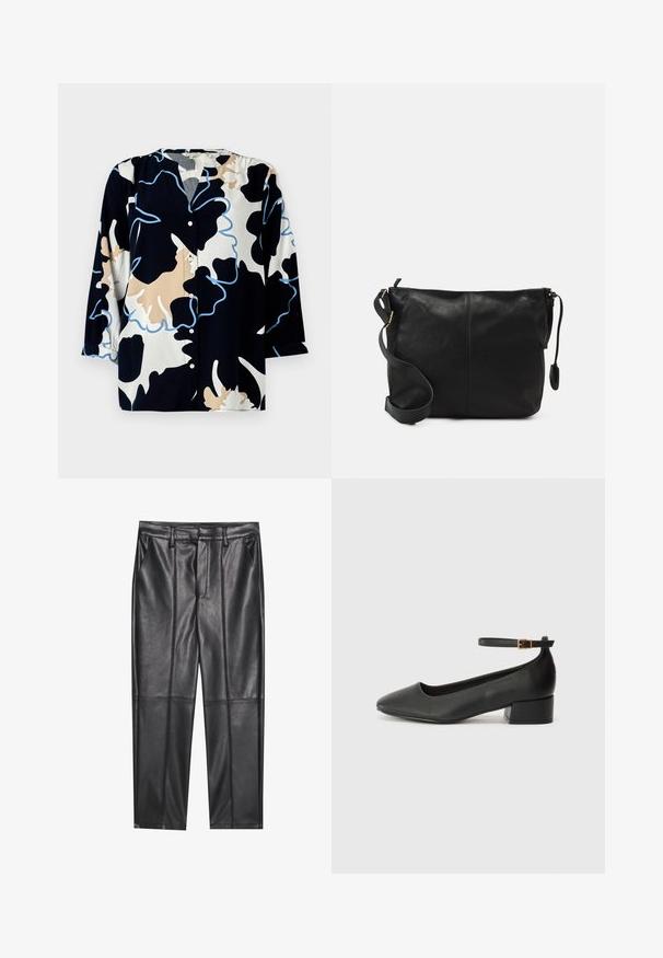 Blusa con motivo floreale su base blu scuro, con accenti beige e azzurri chiari, apertura con bottoni e maniche a tre quarti.; Pantaloni in pelle nera con una texture liscia, caratterizzati da un fit dritto, due tasche frontali e dettagli delle cuciture in evidenza.; Pump in pelle nera con punta affusolata e tacco basso a blocco. Presenta una cinghia alla caviglia con una fibbia in tonalità oro. Texture liscia.; Borsa a tracolla in pelle nera con forma piatta, dettagli in metallo dorato e tracolla regolabile. Texture liscia con dettagli di cucitura minimi.