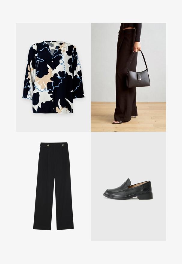 Gėlių rašto bluzonė tamsiai mėlynu pagrindu, su kreminės ir šviesiai mėlynos akcentais, sagų priekyje ir trimis ketvirtadaliais rankovėmis.; Juodi plačios kojos kelnės su aukštu liemeniu, sagų detalėmis ant liemens ir priekinėmis raukšlėmis.; Juodos odinės mokasinai su žemu kulnu, su siuvinėtu dizainu ir be užsegimo stiliumi, išdėstyti ant vientiso balto fono.; Juodas rankinė struktūrizuota forma, lygi tekstūra ir metalinis užsegimas. Suporuota su plačiomis juodomis kelnėmis ir atvirais bateliais ant medinių grindų.