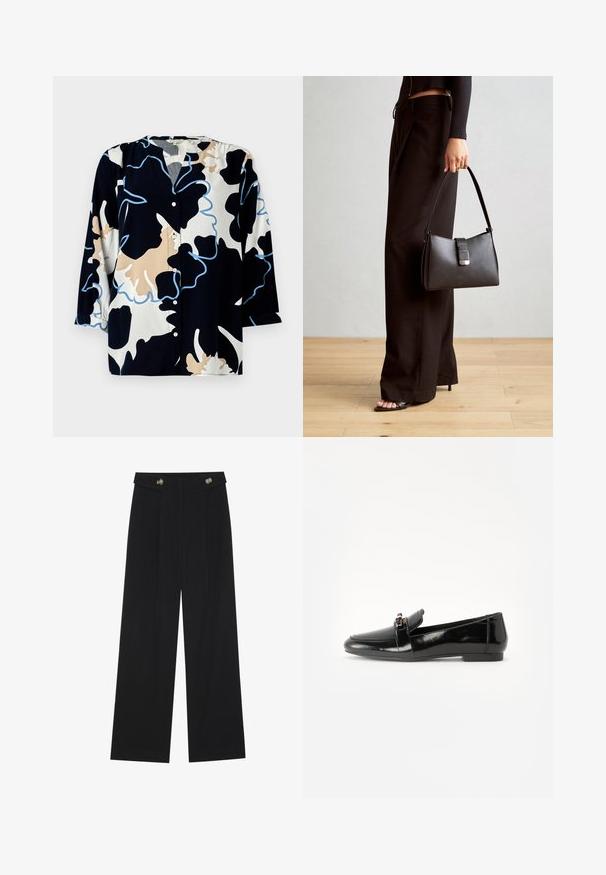 Ziedu raksts blūzē ar tumši zilu pamatu, ar bēša un gaiši zila akcentiem, pogu priekšpusi un trīs ceturtdaļas piedurknēm.; Melnas platās bikses ar augstu jostasvietu, pogu detaļām uz jostas un priekšējām krokām.; Melns lakots ādas loafers ar plakanu zoli, apaļu purngalu un dekoratīvu jostu ar zelta toņa akcentu. Gluda, spīdīga apdare.; Melnā somiņa ar strukturētu formu, gludu tekstūru un metālu sprādzi. Saskaņota ar platām melnām biksēm un sandālēm ar atvērtu purngalu uz koka grīdas.