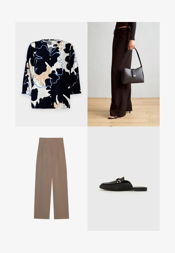 Blusa con estampado floral sobre una base azul marino oscuro, con acentos en beige y azul claro, apertura con botones y mangas tres cuartos.; Pantalones marrones con plisados de diseño de pierna ancha, con una cinturilla plana y bolsillos laterales, confeccionados en una tela ligera.; Zapato negro sin cordones hecho de cuero suave. Presenta una punta redonda, una tira decorativa trenzada y un pequeño acento dorado. Suela plana.; Bolso negro con forma estructurada, textura suave y un cierre metálico. Combinado con pantalones anchos negros y sandalias de dedo en un suelo de madera.