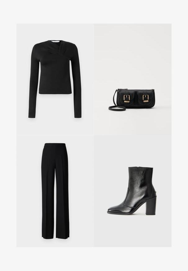 Črn dolg rokav vrh s ovitim dizajnom, izdelan iz gladkega blaga. Ima skrajšano dolžino in V-obliki ovratnik. Brez vzorcev ali okrasnih elementov.; Črne široke hlače z gladko teksturo, z visokim pasom in središnjimi pregibi. Brez vidnih vzorcev ali kovinskih detajlov.; Črne usnjene gležnarske čevlje z gladko teksturo, koničastim nosom in debelim visokim petam. Imajo stransko odprtino in minimalističen dizajn.; Črna usnjena torbica čez ramo z dvema sprednjima žepoma, zlatimi zaponkami, zadrgo in ozkim pasom. Tekstura površine je strukturirana, obliko pa ima kompaktno pravokotno.