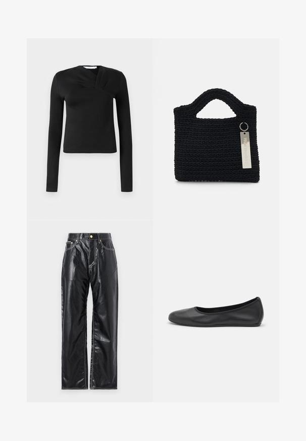 Melnā garajlašu blūze ar ietīšanas dizainu, izgatavota no gludas auduma. Iezīmējas ar īsāku garumu un V veida izgriezumu. Bez rakstiem vai papildinājumiem.; Melnas mākslīgās ādas bikses ar platu kāju griezumu, kurām ir baltas šuves, priekšējās kabatas un zelta pogas jostasvietā.; Melna ādas baleta kurpe ar noapaļotu purngalu, gludu tekstūru, minimālu šuvju detalizāciju un elastīgu zoles dizainu.; Won Hundred MARSIELLE COMPUTER BAG UNISEX - Klēpjdatora soma - black