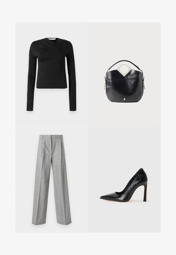 Schwarzes Langarmoberteil mit Wickeldesign, aus glattem Stoff gefertigt. Verfügt über eine cropped Länge und einen V-Ausschnitt. Keine Muster oder Akzente.; Hochtaillierte graue Hose mit vertikalen Nadelstreifen und weitem, geradem Bein, vor einem weißen Hintergrund präsentiert.; Schwarzer, spitz zulaufender High Heel mit Krokodilleder-Struktur, elegantem Design, hohem Stiletto-Absatz und glattem schwarzen Innenraum.; Schwarze Ledertasche mit geschwungener Form, kreisförmigem oberen Griff und silbernem Logo-Detail. Glatte Textur und auffälliges Ausschnittdesign.