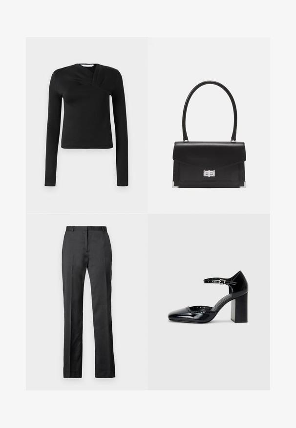Fekete, hosszú ujjú top, átkötős dizájnnal, sima anyagból készült. Rövidített hossza és V-alakú dekoltázsa van. Nincsenek minták vagy díszítések.; Fazonra szabott fekete nadrág sima anyagból. Egyenes lábú kialakítás, lapos elülső rész és finom gyűrődés részletezi.; Fekete patent bőr, magas sarkú cipők négyzetes orral, bokapánttal és vastag sarkal. A szélén lyukacsos díszítéssel.; Fekete bőrtáska strukturált dizájnnal, felső fogantyúval és ezüst csattal. Sarokkiemelésekkel és sima textúrával rendelkezik.