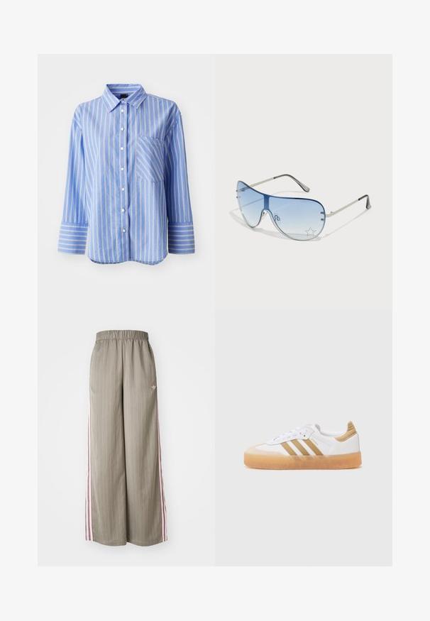 Kék csíkos, hosszú ujjú ing, gombolható gallérral, fehér és sárga csíkokkal, valamint mellzsebbel. Puha anyag, laza szabással.; Világos olíva zöld, széles szárú nadrág, függőleges csíkokkal, rugalmas derékkal és rózsaszín oldalsávokkal. Az oldalon egy kis logó található.; Fehér sneaker bézs akcentusokkal, három csíkkal, lekerekített orral és átlátszó gumitalppal. Simas bőr és textil anyagok.; Pilóta napszemüveg, melynek áttetsző kék lencséje, ezüst fém kerete és díszes csillag díszítések találhatók a lencsén. Simogató és elegáns dizájn.; Ezüst fülbevalók, amelyek két cseppformát és két kerek formát tartalmaznak, mindegyik fényes, tükröződő felülettel és sima textúrával.