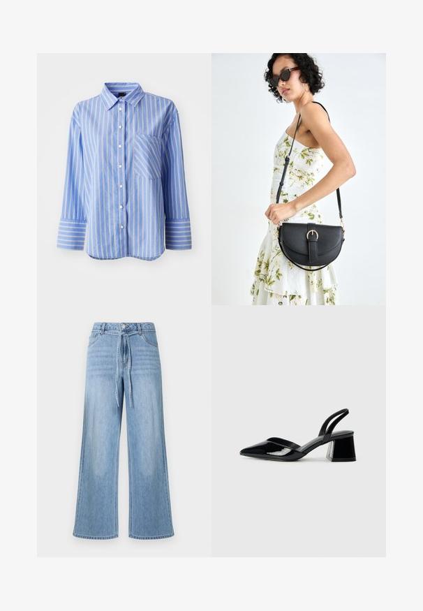 Sinine triibuline pikkade varrukatega särk, millel on nööbiga krae, valgete ja kollaste triipudega ning rinnanipa. Pehme kangas ja lõdvestunud istuvus.; Heledast sinised laiade säärtega teksapüksid, millel on seotud vöökoht, esitaskud ja klassikaline viie taskuga disain koos õrna pleekimisega.; Mustad musta lakknahk kingad, millel on terav varvas ja geomeetriline plokkkonts. Omab elegantselt minimalistlikku disaini ja sujuvat tekstuuri.; Mustmust mustraha kõverate joontega, eemaldatava rihmaga ja kuldsete detailidega. Kotil on klapp, millel on pandladetail.