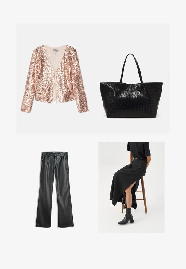 Jaket iz roza zlata s sequinom, dolgimi rokavi, V-izrezom in zavezovanjem spredaj. Gladka notranja podloga in odsevna tekstura po celotni površini.; Črne hlače s širokimi nogavicami iz umetnega usnja z gladko teksturo, pet žepov, zadrgo spredaj in kontrastnim šivanjem.; Črna lanena maxi krilo z visokim razporkom, oblečeno s črno majico in črnimi gležnjarji. Minimalističen dizajn z udobnim krojem.; Črna tkanina torba s trdnimi ročaji, ki ima sijočo teksturo in prostoren odprt zgornji dizajn.