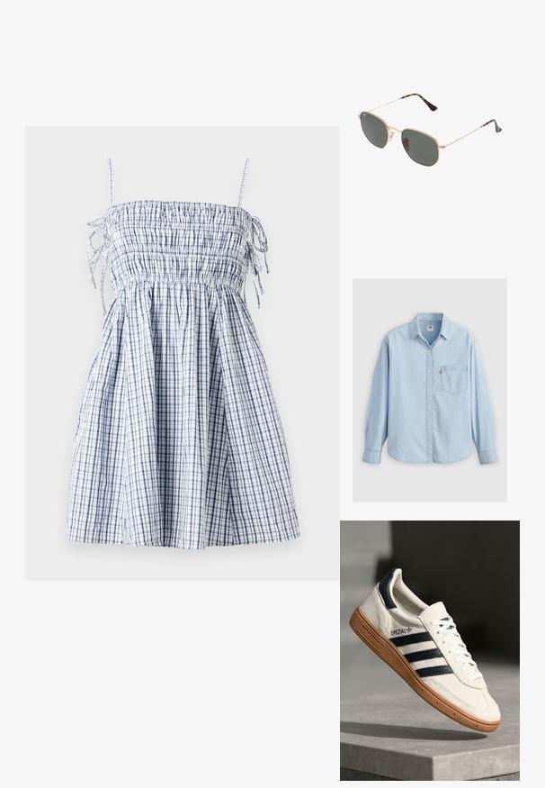 Svetlomodrá džínová košeľa s špicatým golierom, dlhými rukávmi, zapínaním na gombíky a vreckom na prsiach s malou logovou nálepkou.; Modrá a biela kockovaná šaty s nariaseným korzetom, tenkými ramienkami a splývavou sukňou, vyrobené z ľahkého materiálu. Obsahuje detaily so šnúrkou.; Biele semišové tenisky s námorníckymi pruhmi, gumovou podrážkou, textúrovaným zvrškom, okrúhlou špičkou a šnurovaním; obsahujú označenie na boku a jazyku.; Zlaté slnečné okuliare s kovovým rámom a tmavozelenými šošovkami v aviator štýle, s úzkymi ramenami a mramorovými akcentami na koncoch.; Čierna lesklá kožená kabelka s prešívaním, so zlatým reťazovým popruhom a uzáverom na klip s okrúhlou ozdobou. Kompaktný obdĺžnikový tvar.
