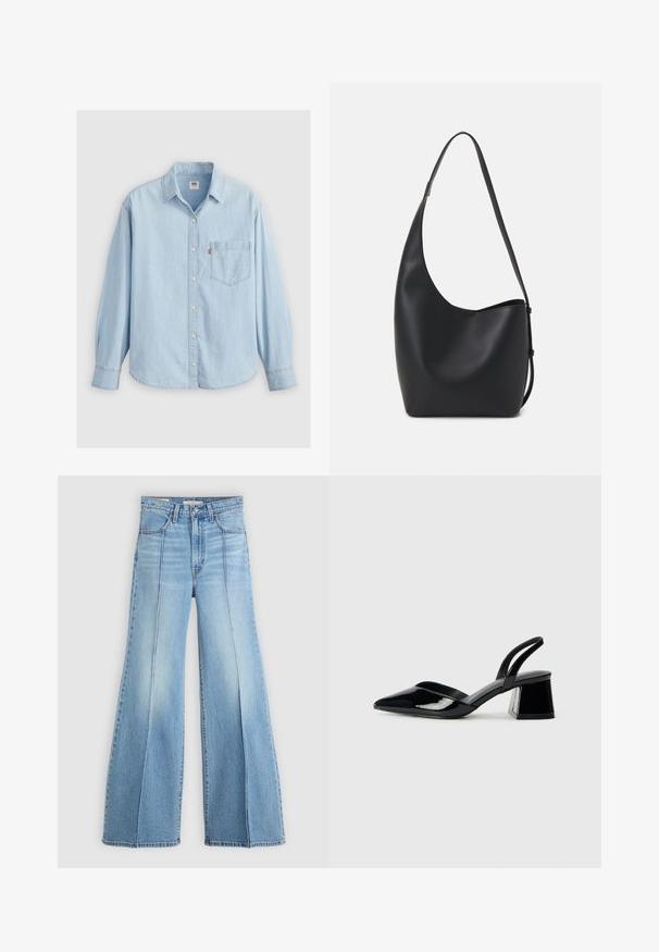 Light blue denim shirt with a pointed collar, long sleeves, button closure, and a chest pocket featuring a small logo label.; Light blue high-waisted jeans with wide legs, front and back pockets, belt loops, and vertical seam details on the front.; Black patent leather slingback heels with a pointed toe and a geometric block heel. Features a sleek, minimal design and smooth texture.; Black leather hobo bag with a smooth texture, curved shape, and single adjustable strap; features a wide opening at the top.
