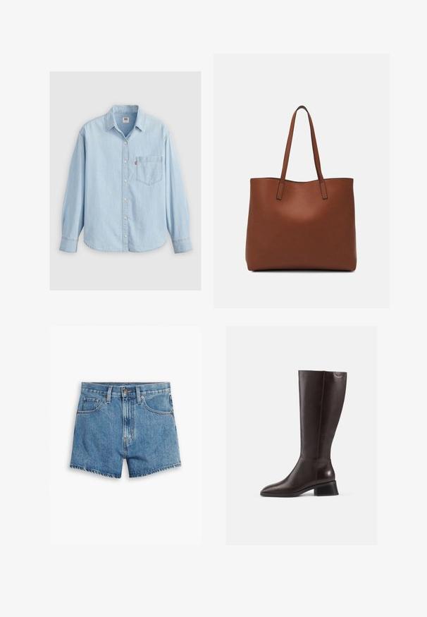 Camisa de mezclilla azul claro con cuello puntiagudo, mangas largas, cierre de botones y un bolsillo en el pecho con una pequeña etiqueta de logo.; Pantalones cortos de denim en azul claro, con cinco bolsillos, cremallera y cierre de botón. El dobladillo está deshilachado y tiene un diseño de ajuste relajado.; Botas de cuero marrón hasta la rodilla con un acabado suave, punta redonda y un tacón negro de pala. Diseño simple con detalles de herrajes mínimos.; Bolso tote de cuero marrón con una textura suave, diseño de apertura superior y dos correas para el hombro. Presenta una costura mínima y sin herrajes visibles.