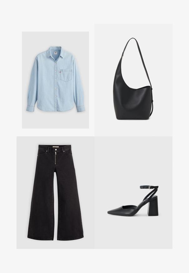Lys blå denimskjorte med spiss krage, lange ermer, knappeåpning og brystlomme med en liten logoetikett.; Vide benbukser i sort denim med glidelås i front, fem-lomme design og subtile sømdetaljer. Glatt tekstur og avslappet stil.; Svart lær pumps med spiss tå, ankelrem og kraftig hæl. Flat tekstur, strømlinjeformet design og minimalisme.; Svart lær hobo-veske med glatt tekstur, buet form og enkelt justerbart stropp; har en bred åpning på toppen.