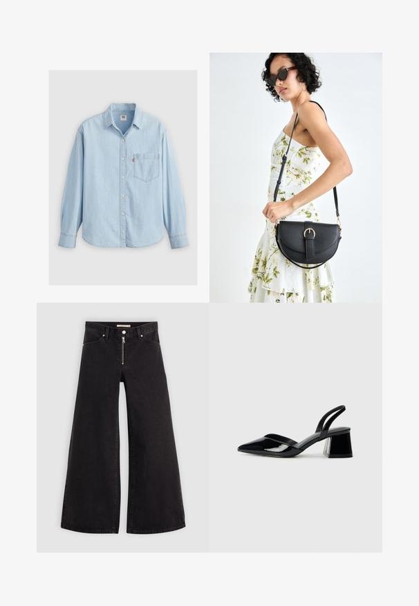 Light blue denim shirt with a pointed collar, long sleeves, button closure, and a chest pocket featuring a small logo label.; Wide-leg jeans in black denim with a zippered front, five-pocket design, and subtle stitching details. Smooth texture and casual style.; Black patent leather slingback heels with a pointed toe and a geometric block heel. Features a sleek, minimal design and smooth texture.; Black leather handbag with a curved shape, detachable strap, and gold hardware. The bag features a flap with a buckle detail.