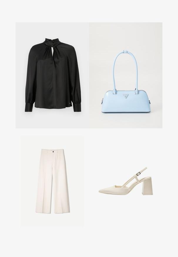 Schwarze Bluse aus leichtem, glattem Stoff, mit hochgeschlossenem Design, Schlüsselöffnung vorne und langen, gepufften Ärmeln mit eng anliegenden Manschetten.; Cremfarbene weitem Hosen mit maßgeschneidertem Design, ausgestattet mit zwei vorderen Taschen und einem vorderen Knopfverschluss, aus glattem Stoff gefertigt.; Beige Slingback-Schuhe mit spitzer Zehenpartie, glanzvollem Lackfinish, mittelhohem Blockabsatz und verstellbarem Riemen. Minimalistisches Design mit offenen Seiten.; Helle blaue Handtasche mit strukturierter Form, glattem Leder, zwei Griffen und einem dreieckigen Markenlogo auf der Vorderseite. Mit Reißverschluss.