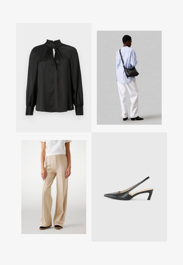 Fekete blúz sima, könnyű anyagból, magas nyakkal, kulcslyuk kialakítással az elején és hosszú, puffos ujjakkal, amelyek szűkített mandzsettával záródnak.; Simító anyagból készült bézs, bőszárú nadrág elülső redőkkel és magas derékkal. Fekete és barna lapos cipővel párosítva.; Fekete, hegyes orrú, slingback cipő alacsony sarkával, sima bőrből készült, oldalt kivágott deisgnal a légáteresztőképesség érdekében.; Fekete bőr válltáska puha tapintással, háromszög alakú, állítható pánttal, világoskék csíkos inggel és fehér nadrággal párosítva.