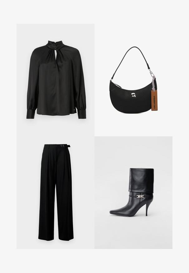 Schwarze Bluse aus leichtem, glattem Stoff, mit hochgeschlossenem Design, Schlüsselöffnung vorne und langen, gepufften Ärmeln mit eng anliegenden Manschetten.; Schwarze weit geschnittene Hosen mit hoher Taille, Falten an der Vorderseite und einem Gürtel mit Schnalle. Hergestellt aus glattem, leichtem Stoff.; Schwarze Leder-Ankle-Boots mit spitzer Zehenpartie, hohen Stiletto-Absätzen, umgeschlagenem Schaft und einem goldenen dekorativen Schnallen-Detail an der Knöchel.; Schwarze Lederhandtasche mit einer genarbten Textur, geschwungener Form, Reißverschluss oben, silberner Hardware und einem braunen Etikett. Verfügt über ein Logo-Detail.