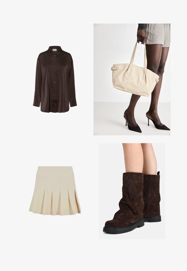 Rjava satenska srajca z gumbi, ki ima klasičen ovratnik, dolge rokave in ohlapen kroj ter gladko teksturo in subtilen sijaj.; Bežna plišana krila s prilagojenim pasom, izdelana iz gladkega materiala. Ima več vertikalnih gub in raven rob.; Rjave gamšaste škornje do polovice teleta z črnimi gumijastimi podplati, nošene na golih nogah, s rahlim gubanjem na zgornjem delu škornjev.; Bežna torba iz usnja z gladko površino, strukturirano obliko, dvema ročajema in stranskimi zaponkami. V paru z elegantnimi črnimi petkami.; Kremna ušesna traka s prepletenim dizajnom, uparjena s bež in belimi črtastimi majicami z okroglim izrezom. Diskretni nakit.